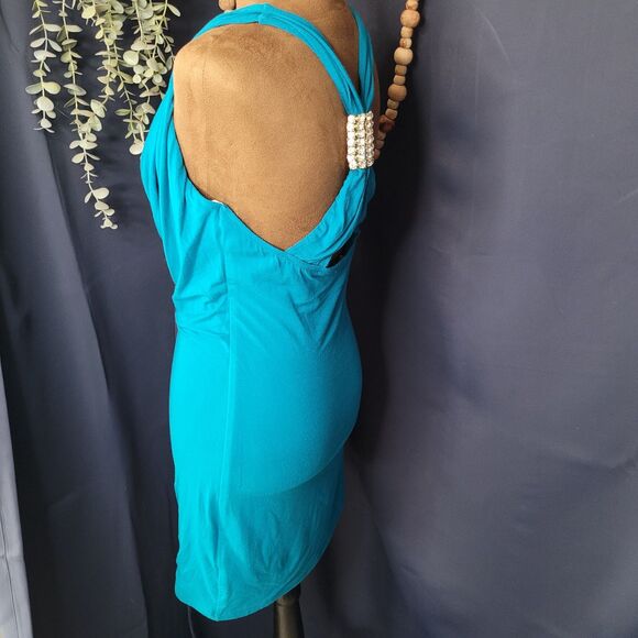 Sexy Teal Short Dress with Front Drape, Racerback Tank Style Size Large - Picture 3 of 6
